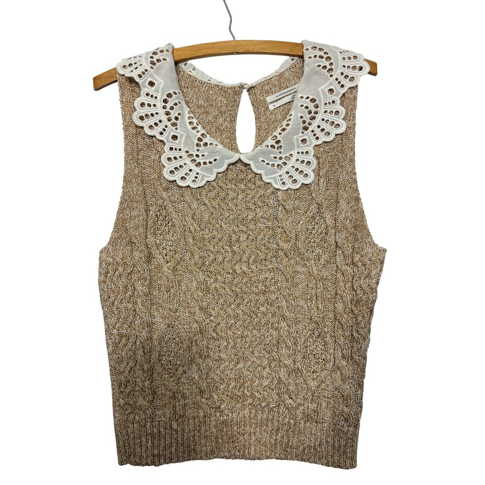 Anthropologie Lace Collar Sweater Tank Top Yellow Marled Cable Knit Size M - Picture 2 of 9